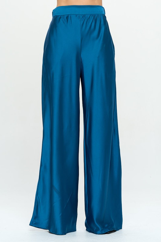 Stretch Satin Pants w/ Elastic Waist and Pockets