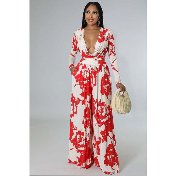 PAINTED RED AND WHITE TWO PIECE SET TOP AND PANT