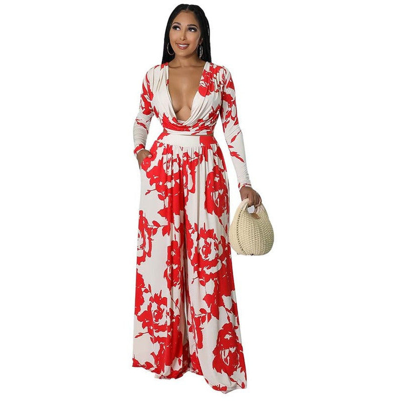 PAINTED RED AND WHITE TWO PIECE SET TOP AND PANT