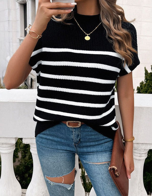 Striped rib knit short sleeve top