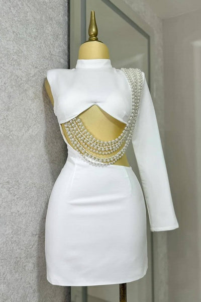 DRAPED IN PEARLS PARTY DRESS